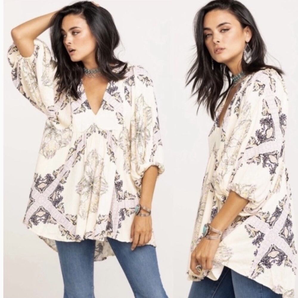 Free People Girl Talk Boho Flowy Floral Tunic Top Fairy Whimsy Size Small